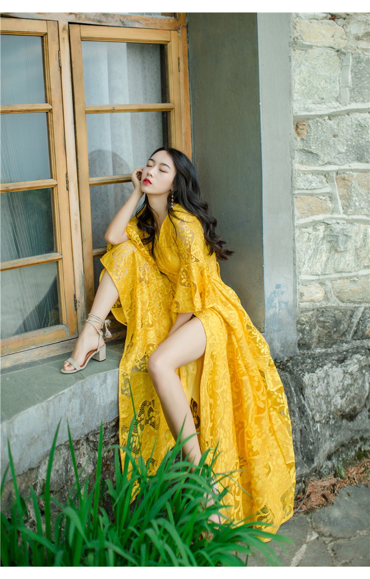 Sanya bãi biển váy trumpet tay áo mở đu lớn đầm ren Vân Nam Dali ảnh du lịch Lệ Giang váy dài đầm voan dài