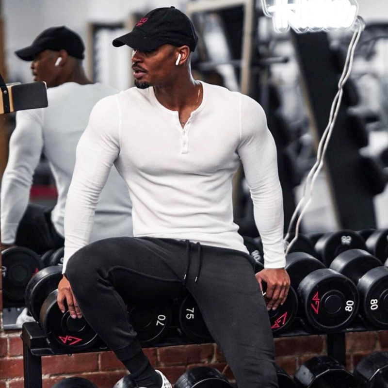 Muscle Fitness Long-Sleeved American-Style Henley Shirt Base Layer Men's Tough Guy Henley Collar T-Shirt Slim Fit Sports Casual Clothing