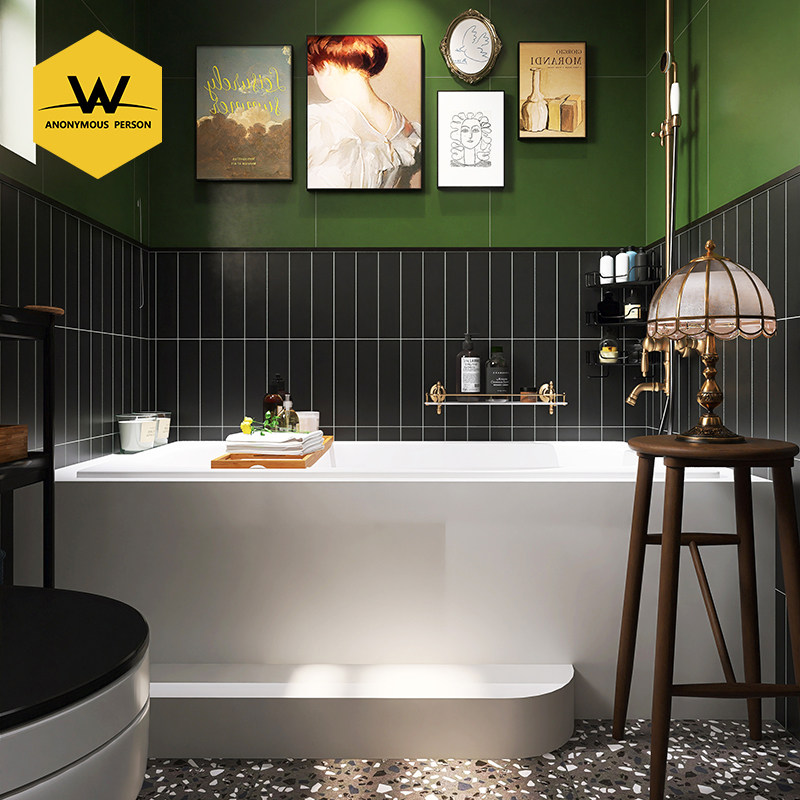 Anonymous French vintage toilet tiles matte black long - bar brick kitchen bathroom with green wall tiles