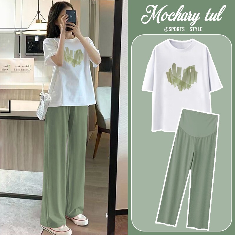 Pregnant Women's Summer Suit, Stylish Outerwear in Early Pregnancy, Pure Cotton Short-Sleeved T-Shirt, Fashionable Loose Casual Two-Piece Summer Suit