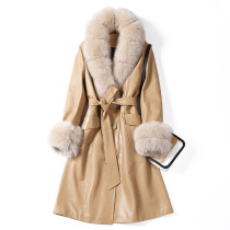Leather women's long knee-length windbreaker sheep leather down jacket Parker fox fur collar 20236