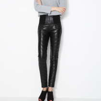 2021 New Winter Leather Down Pants Women's Pants Slim Fit Plus Cashmere Thickened Outer Wear High Waist Large Size Sheepskin