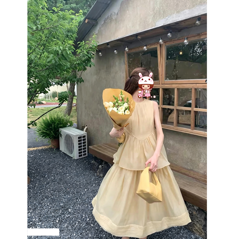 Seourcwuith Unheard of Flower Name Sleeveless French-Style Elegant Double-Layered Skirt Gentle and Stylish Korean-Style Long Dress for Commuting