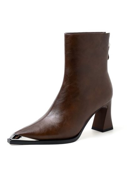 5/7cm two high heels, niche fashion side brushed design genuine leather thick heel short boots, metal pointed fashion boots for women