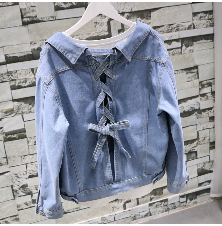 2017 mùa thu mới đơn ngực lỏng mỏng dài tay lại dây đeo nơ denim cardigan áo ngắn nữ áo dạ nữ đẹp