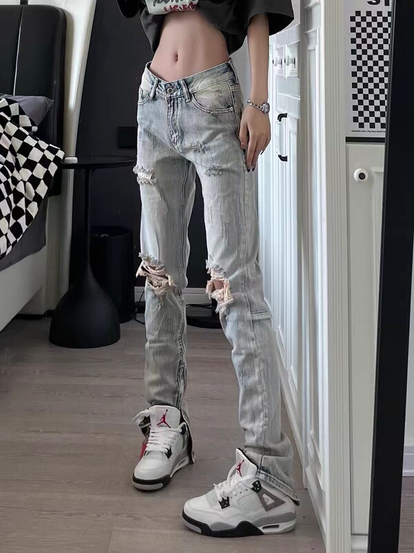 American High Street Ripped Knee Jeans for Men and Women, Slim Fit Skinny Zipper Pants, Slimming Hip-Hop Floor-Length Pants, Trendy Brand
