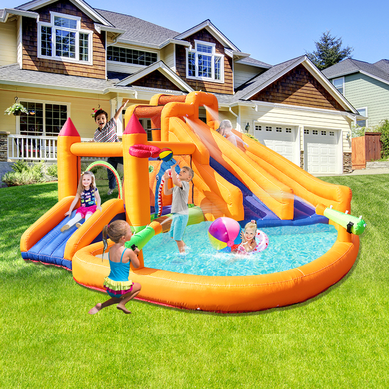Children's Inflatable Castle with Double Slides, Cartoon Shark Indoor Trampoline, Water Slide, Amusement Park, Summer Outdoor Playhouse Children's Inflatable Castle with Double Slides, Cartoon Shark Indoor Trampoline, Water Slide, Amusement Park, Summer Outdoor Playhouse