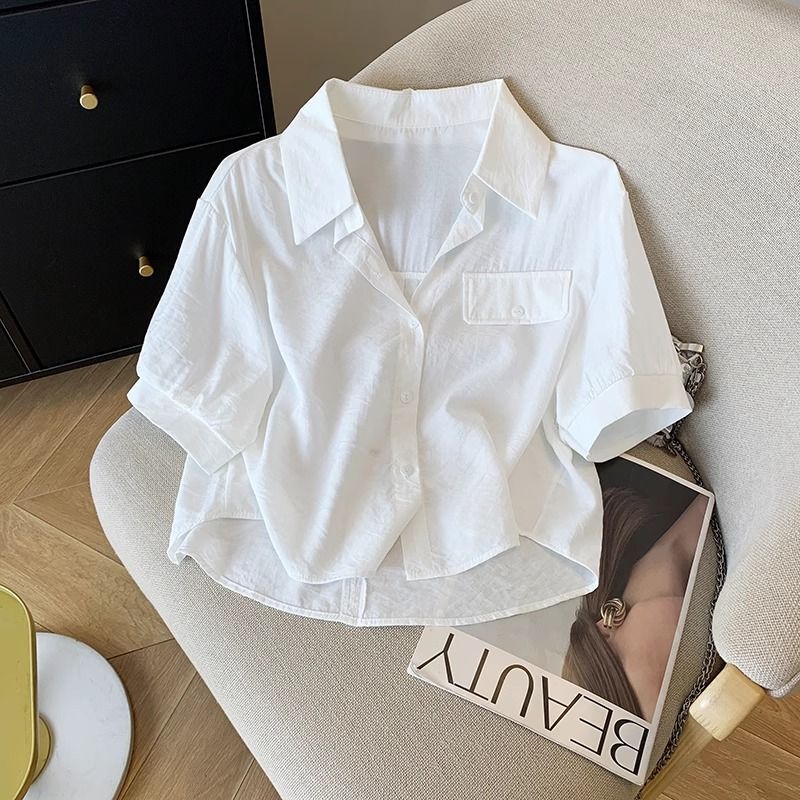 White Polo Collar Short-Sleeved Shirt for Women, Summer Top, New Cardigan, Breathable, Short Style for Petite Women White Polo Collar Short-Sleeved Shirt for Women, Summer Top, New Cardigan, Breathable, Short Style for Petite Women