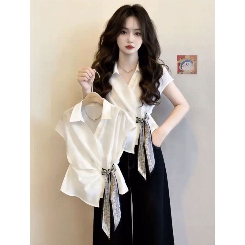 French-Style White Collared Short-Sleeved Shirt for Women, Summer Design with Silk Scarf Tie, Waist-Cinching, Elegant and Beautiful Top French-Style White Collared Short-Sleeved Shirt for Women, Summer Design with Silk Scarf Tie, Waist-Cinching, Elegant and Beautiful Top