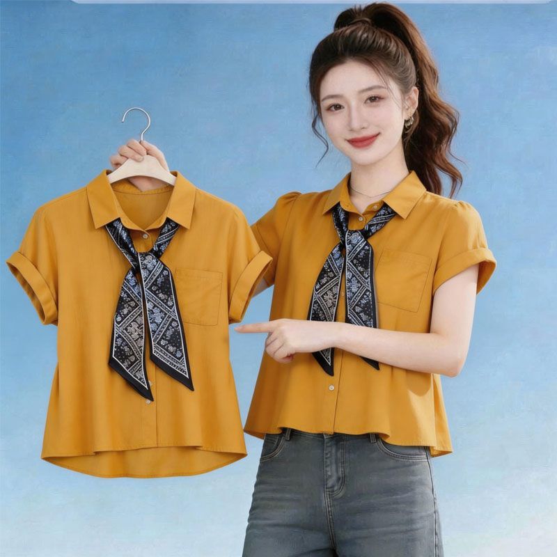 Blue Polo Collar Sleeveless Shirt with Silk Scarf for Women, Summer 2026 New Style, Loose Casual Shirt, Elegant Slimming Top