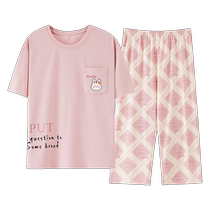 Catman Pajamas Womens 2024 Summer New Style Cotton Large Size Premium Short-Sleeved Cropped Pants Home Clothes Set with Breast Pad