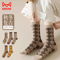 Catman Socks Womens Autumn and Winter Thickened Warm Cute Retro Wind Mid-Tube Stockings Antibacterial Deodorant Sports Sweat-Absorbent Cotton Socks