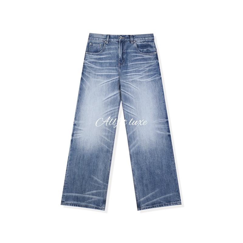 Allfit High-End Line "Tiger Claw” 13.5oz Yuanji Loose Straight-Leg Horsehair Triple-Needle Washed Blue Jeans Allfit High-End Line "Tiger Claw” 13.5oz Yuanji Loose Straight-Leg Horsehair Triple-Needle Washed Blue Jeans