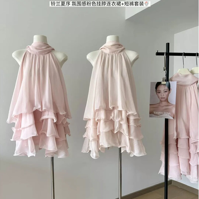 Atmospheric Pink Halter Neck Tank Dress, Sleeveless Short Tiered Skirt, Shorts, Super Pretty Summer Outfit