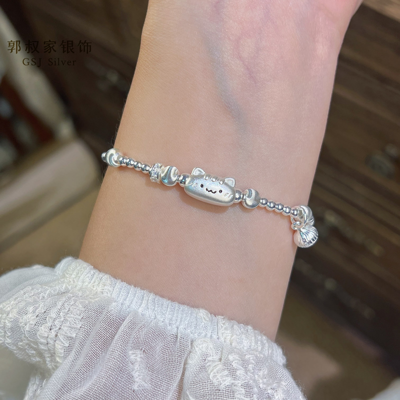 999 Pure Silver Baguette Cat Sterling Silver Bracelet, Matte, Chinese Style, Cute, Delicate, Versatile Bracelet, Gift for Girlfriend or Best Friend