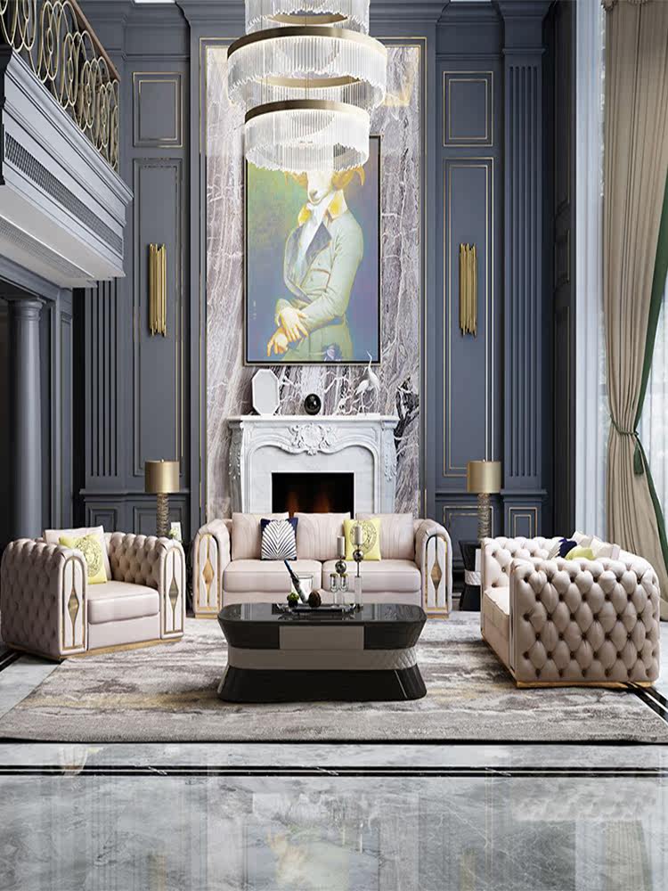 Italian large-scale light luxury living room sofa top layer leather simple modern villa high-end American solid wood combination