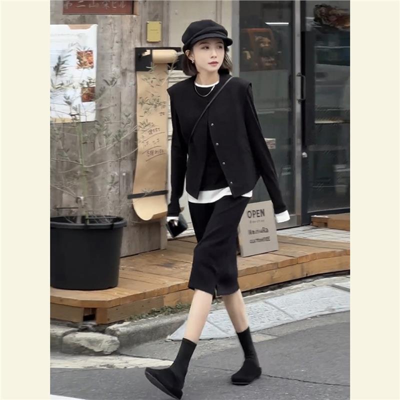 2025 Autumn Super Popular Luxurious and High-End Look Stunning and Elegant Black Vest Three-Piece Skirt Set