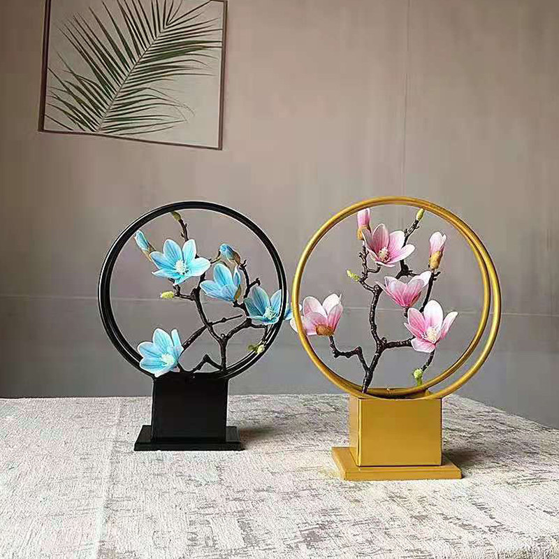 New Chinese-style wrought iron flower stand desktop unique decorative ornaments round black gold minimalist mini creative flower arrangement stand