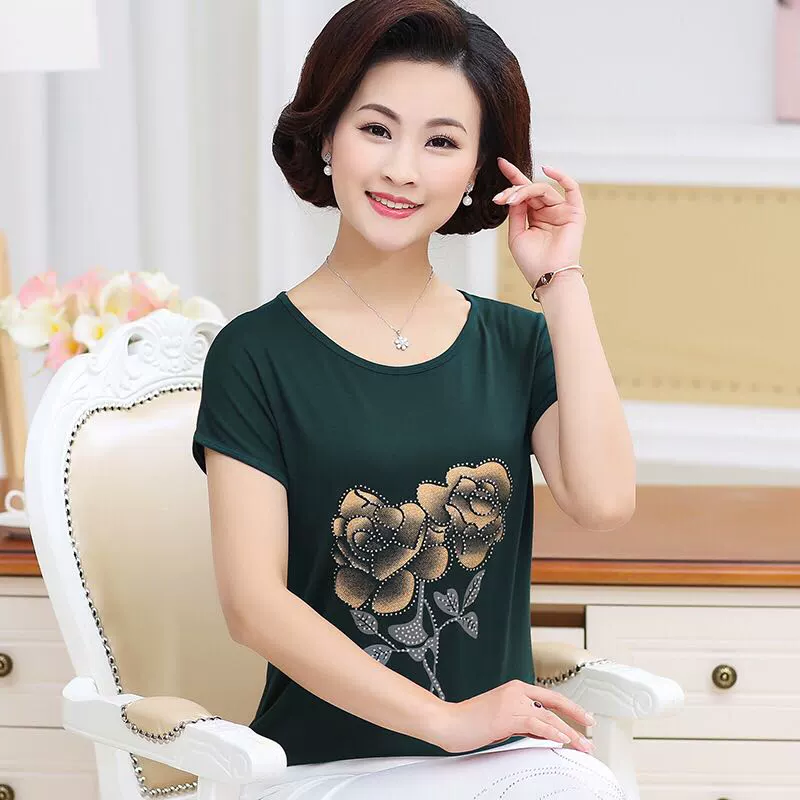 Chất liệu cotton nguyên chất của phụ nữ trung niên và cao tuổi mùa hè ngắn tay áo thun rộng tay áo sơ mi dệt kim cotton singlet - Áo phông