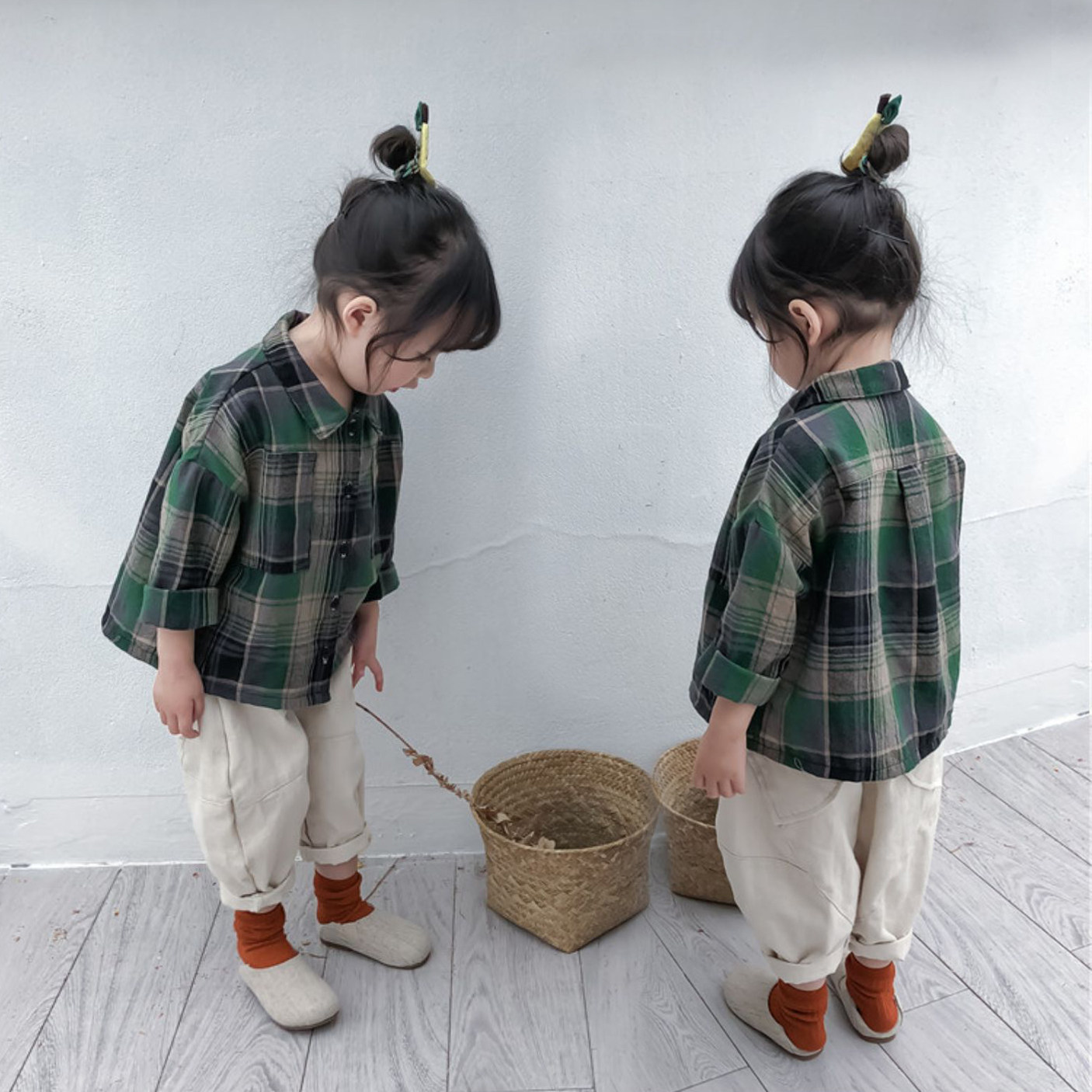 Literature and Arts Department ~ South Korea Hue Foreign Pine looks good male and female children Baby Plaid Cotton Fabric Long Sleeve Shirt Loose Blouse