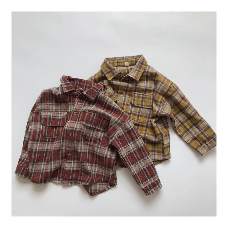 Retro tunes ~ children's baby plaid shirt 2021 fall new South Korean pure cotton soft abrasive sweater shirt