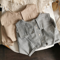 Classic Academy Wind Korean version cotton linen shirt male and female child turning over collar single row and vertical stripe 2 color baby cardiolon