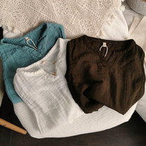 Sweat-absorbing breathable cotton yarn vest ~ 2021 Korean version Childrens baby pure colour cotton linen art V collar sleeveless blouses