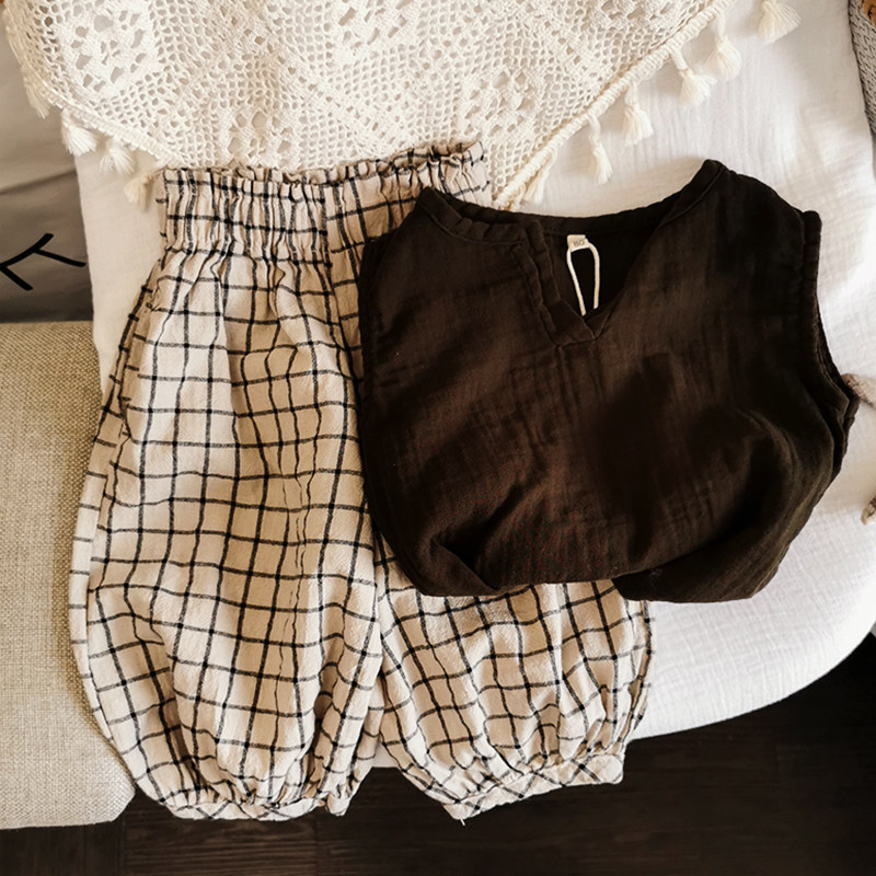 Literature and art Han Fan ~ 2021 Spring Summer Korea Children's baby comfort cotton linen lattice anti-mosquito pants loose with light cage pants