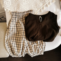 Literature and art Han Fan ~ 2021 Spring Summer Korea Childrens baby comfort cotton linen lattice anti-mosquito pants loose with light cage pants