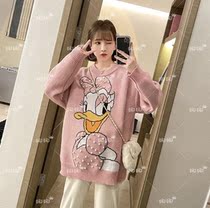Pregnant women sweater autumn and winter models beaded cartoon loose large size winter round neck thickened warm bottoming shirt late pregnancy tide