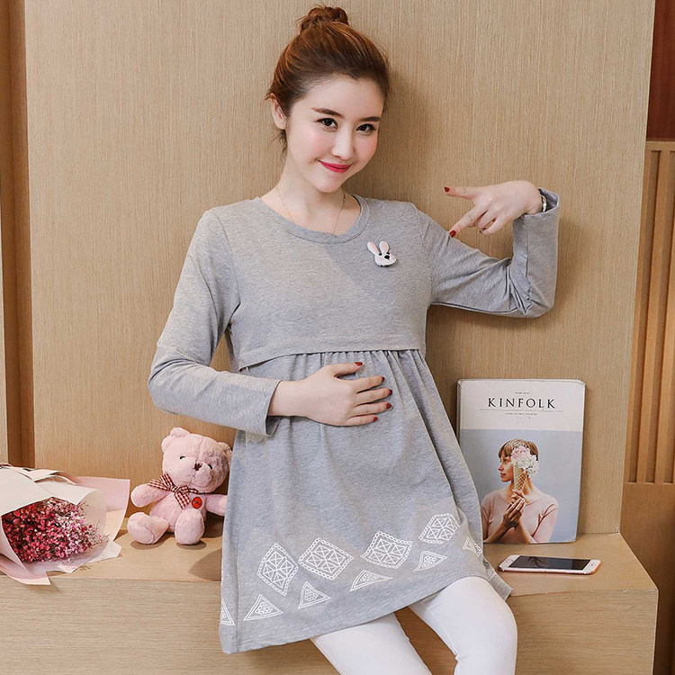 Medium-long version of pure cotton external to lactation blouses pregnant women loose large size for autumn clothing and postnatal fashion breast-feeding T-shirts