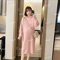 Douyin net red Nana with the same paragraph pregnant women autumn and winter knitted skirt long over the knee loose large size hooded sweater dress