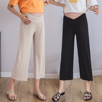 Belly pregnant womens clothing ice silk chiffon wide leg pants womens low waist summer thin summer loose nine straight tube tide mother wear
