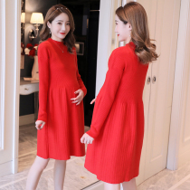 Pregnant women toast bride 2020 Autumn Winter Wedding Dress long sweater loose red dress
