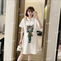 Pregnant womens summer dress fashion Western style age-reducing bow cartoon cat polo leading trendy hot mom personality summer dress