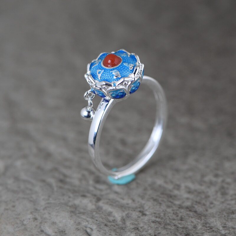 Turn warp cylinder ring female S925 pure silver fashion individuality ancient method burn blue gold plated index finger ring national wind silver decoration