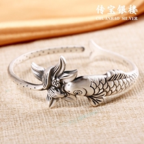 Year more than year bracelet female sterling silver 9999 Lotus fish handmade heavy industry retro style open solid silver jewelry bracelet