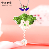 Cloisonne necklace female sterling silver Lotus Leaf Lotus pendant National style silver sweater chain enamel pendant jewelry