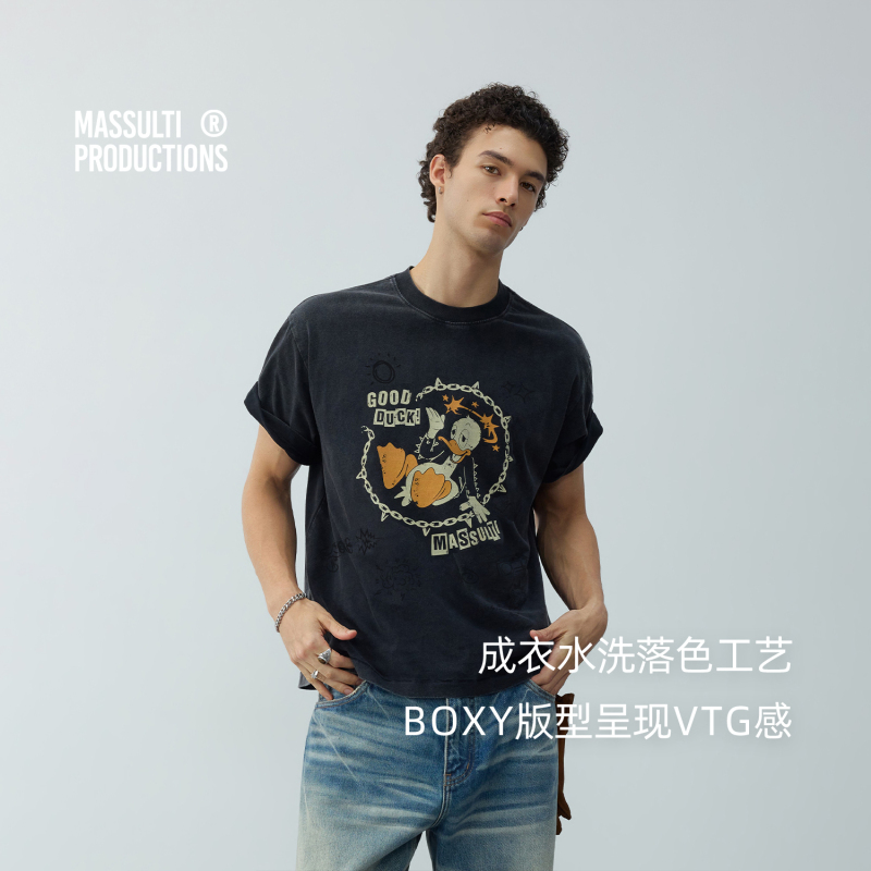 Massulti Washed and Distressed Vtg Style Cartoon Fun Duck Print Vintage Single-Stitched Short-Sleeve T-Shirt