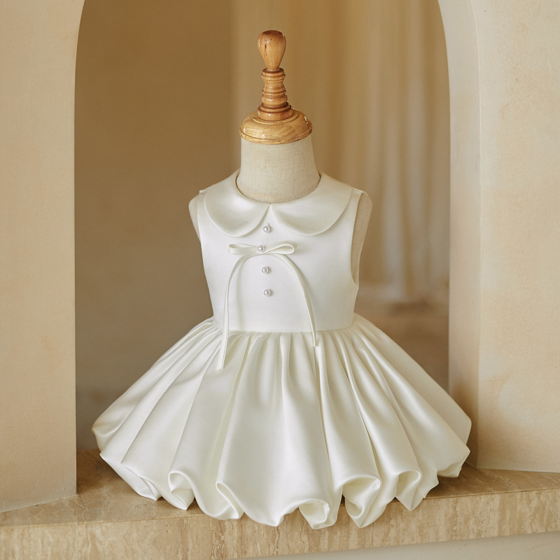 Satin Baby Girl Birthday Party Princess Dress Infant One-Year-Old Birthday Gown White Stylish Flower Girl Little Girl Summer Dress