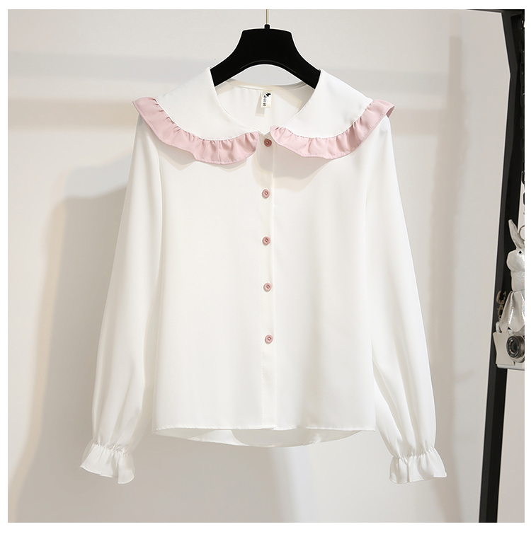 VK旗艦店 韓系拼色木耳邊雪紡衫單排扣裙套裝長袖裙裝