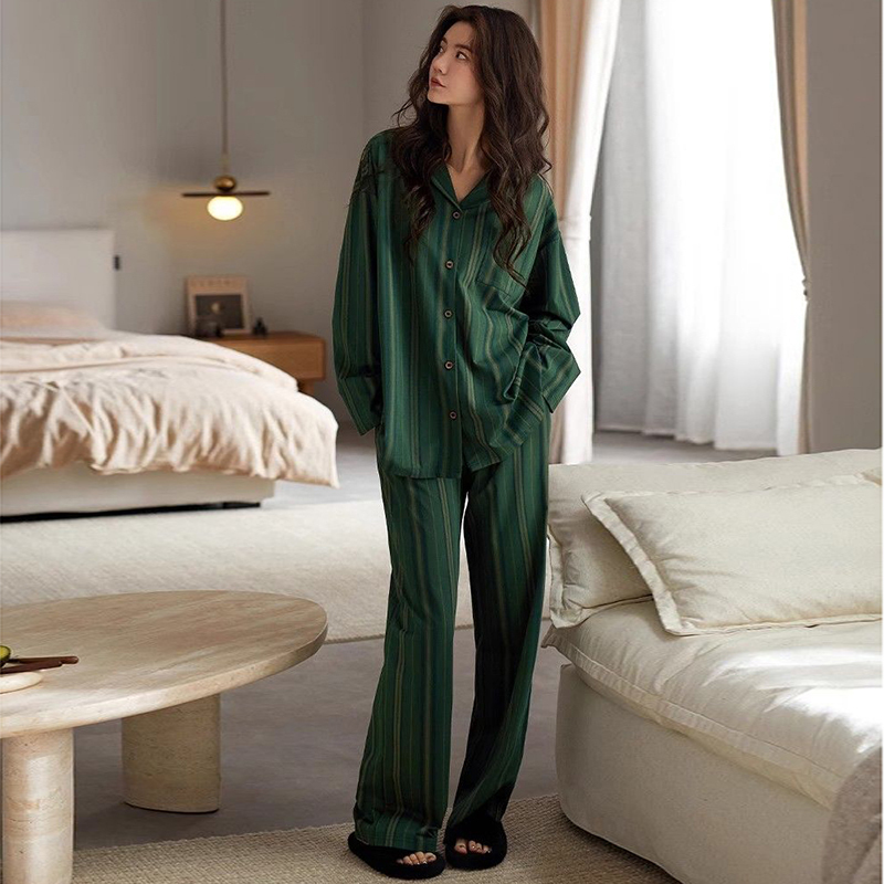 2025 Spring/Summer New Women's Pajamas Thin Long-Sleeve Pure Cotton Green Striped High-End Style Can Be Worn Outside Homewear Set