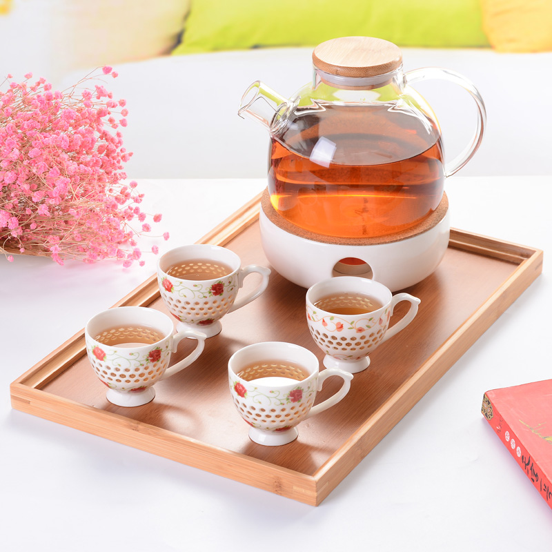 Flower tea set for afternoon fruit tea new products Linglong cup heat-resistant glass candle heating base teapot
