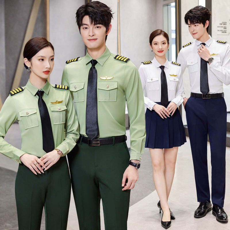 Green Long-Sleeved Uniform Unisex Shirt Military Academy Pilot Shirt Band Multi-Pocket Shirt Security Workwear
