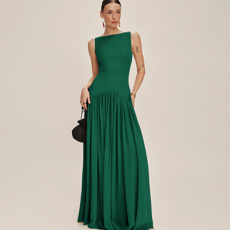 Niche, High-End, Elegant, Boat Neck, Slim Fit, Backless, Full Skirt, Casual Light Dress, Sleeveless Chiffon Long Dress