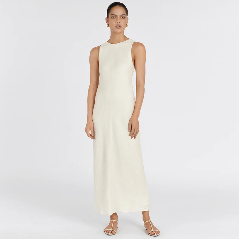 Niche Design Linen Round Neck Backless Simple A-Line ins Vacation Style Dissh Same Style Tank Top Long Dress