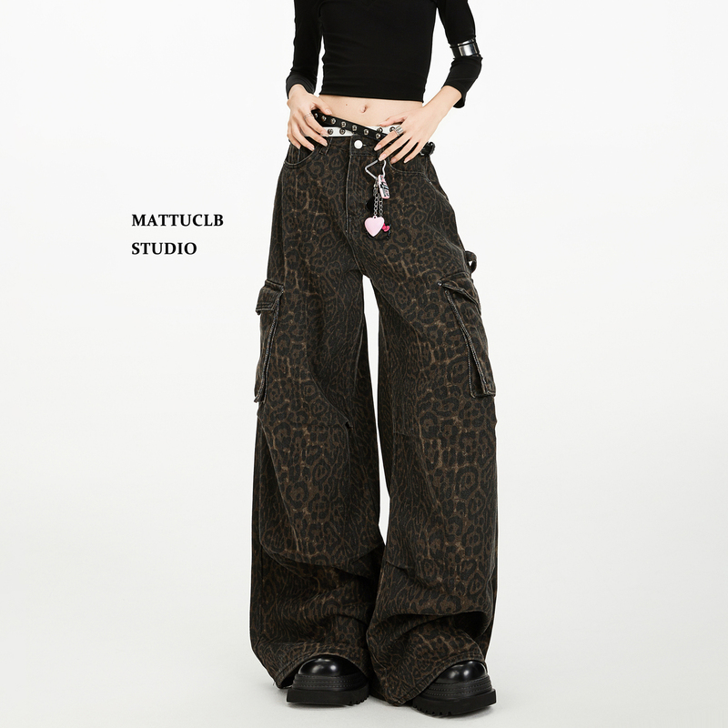 Mattuclb American High Street Workwear Wide-Leg Leopard Print Jeans for Women, Autumn Vintage High-Waisted Loose Casual Long Pants