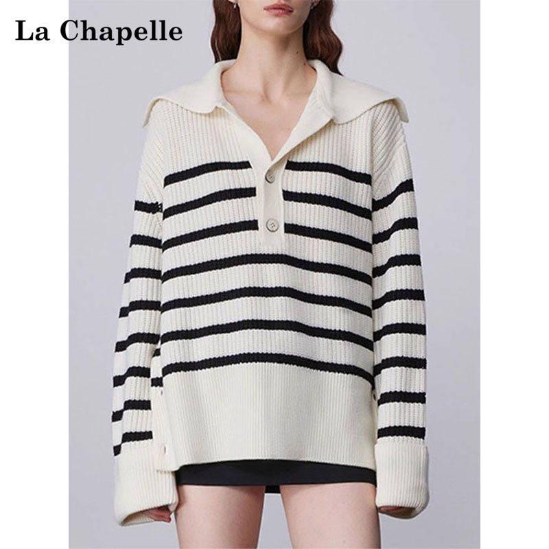 La Chapelle Retro Black and White Striped Large Lapel Pullover Sweater for Women, Autumn and Winter Design, Loose Knit Top