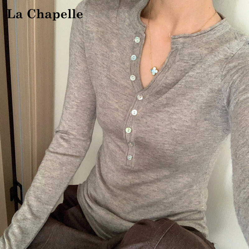 La Chapelle Old Money Style Henry Collar Long-Sleeve T-Shirt for Women, Spring and Autumn Slim Fit, Simple Casual Inner Layer Knit Top