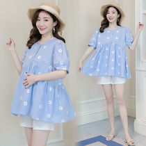  Pregnant womens summer t-shirt top Womens Korean short-sleeved loose age-reducing Western style doll shirt short top two-piece suit